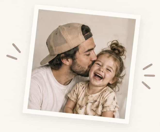 Polaroid-style photo of a dad kissing his laughing daughter