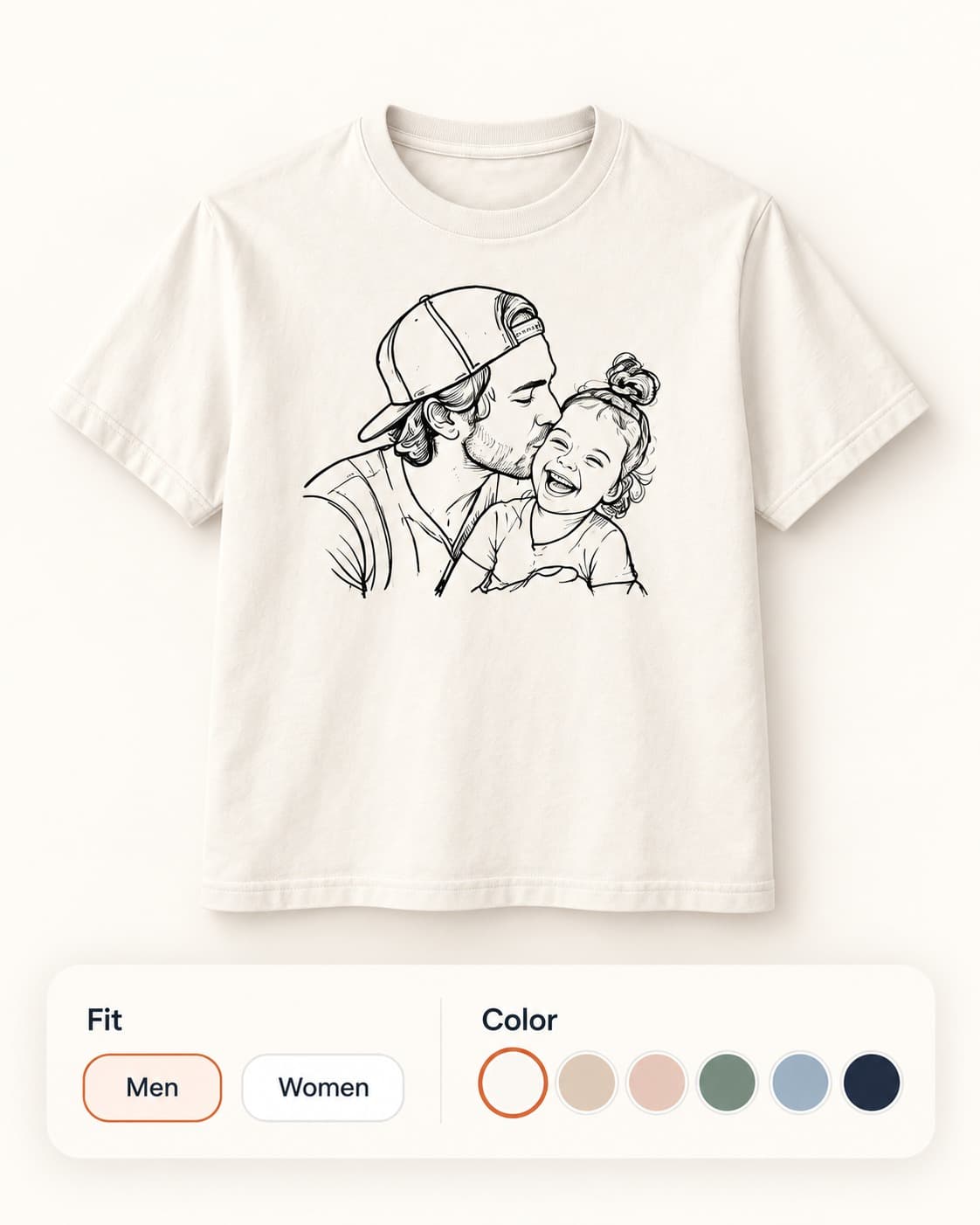 Line-art portrait printed on a cream t-shirt mockup